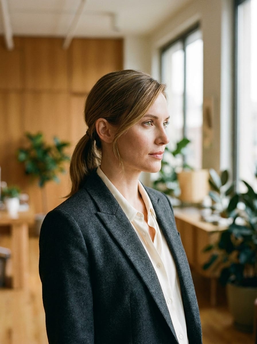 Tiefer Pferdeschwanz mit Seitenscheitel - Büro Frisur